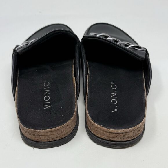 Vionic Georgie Mules Womens 8 Black Leather Silver Chain Slip On Comfort Flats - Picture 10 of 15